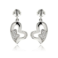 Load image into Gallery viewer, Sterling Silver Rhodium Plated Micro Pave Heart Inlay Dangling Earrings With CZ Stones