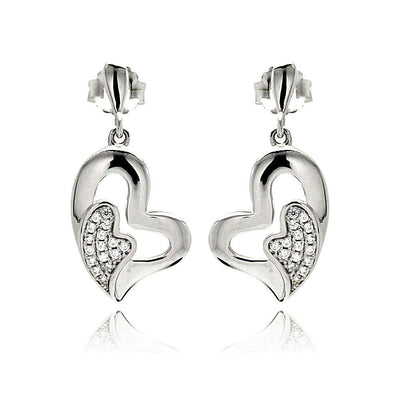 Sterling Silver Rhodium Plated Micro Pave Heart Inlay Dangling Earrings With CZ Stones