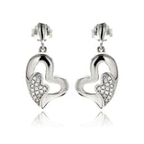 Sterling Silver Rhodium Plated Micro Pave Heart Inlay Dangling Earrings With CZ Stones