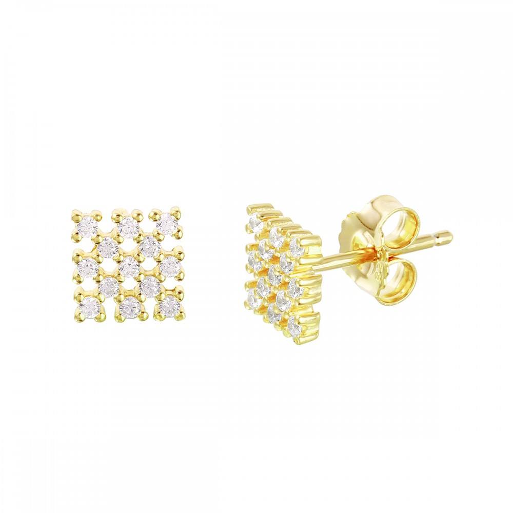 Sterling Silver Nickel Free Gold Plated Small Square Checkered Stud Earrings With CZ Stones