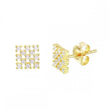 Load image into Gallery viewer, Sterling Silver Nickel Free Gold Plated Small Square Checkered Stud Earrings With CZ Stones