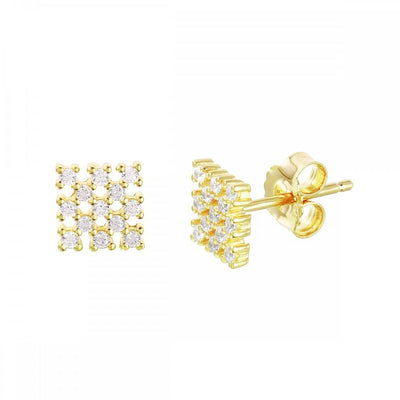 Sterling Silver Nickel Free Gold Plated Small Square Checkered Stud Earrings With CZ Stones
