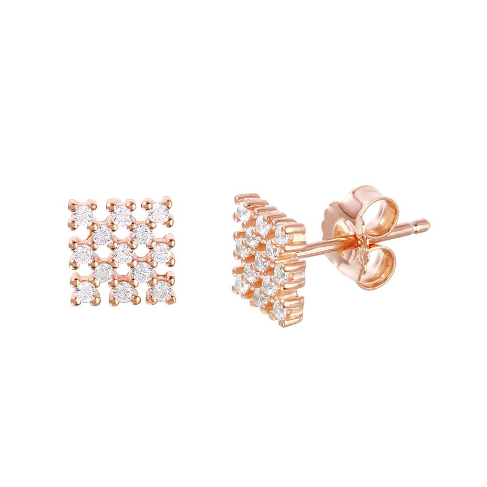 Sterling Silver Nickel Free Rose Gold Plated Fancy Small Micro Pave Square Checkered Stud Earrings with Earring Dimensions of 7MMx7MM and Friction Back Post
