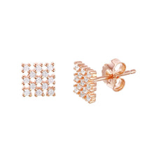 Load image into Gallery viewer, Sterling Silver Nickel Free Rose Gold Plated Fancy Small Micro Pave Square Checkered Stud Earrings with Earring Dimensions of 7MMx7MM and Friction Back Post