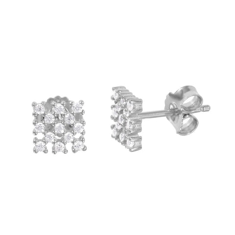 Sterling Silver Rhodium Plated Small Micro Pave Square Checkered Stud Earring with Friction Back Post