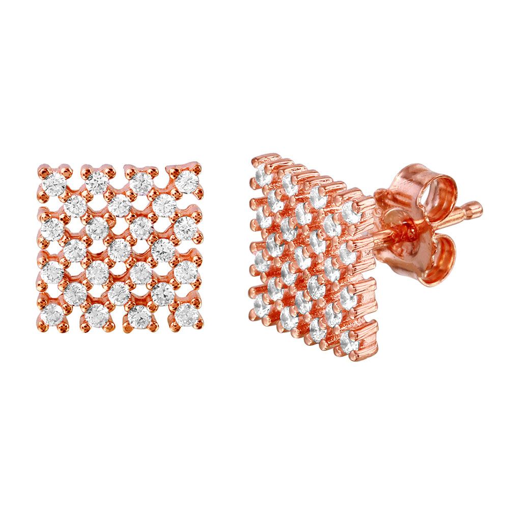 Sterling Silver Nickle Free Rose Gold Plated Checkered Stud Earrings With CZ Stones
