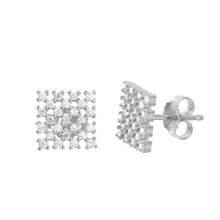 Load image into Gallery viewer, Sterling Silver Rhodium Plated Medium Micro Pave Square Checkered Stud Earring with Friction Back Post