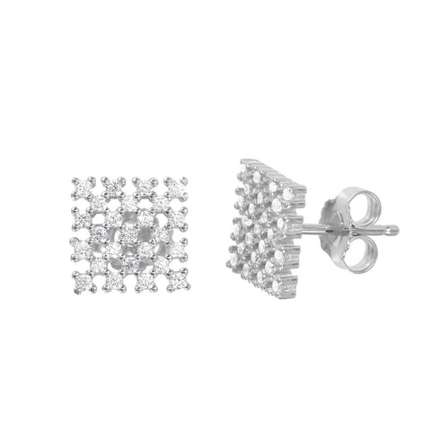 Sterling Silver Rhodium Plated Medium Micro Pave Square Checkered Stud Earring with Friction Back Post