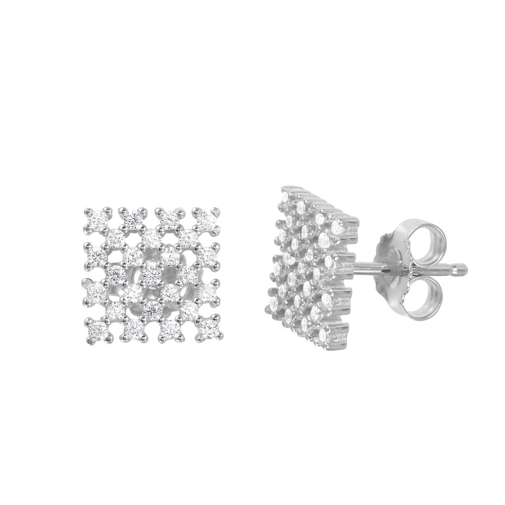 Sterling Silver Nickle Free Gold Plated Large Checkered  Stud Earrings With CZ Stones