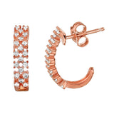 Sterling Silver Nickle Free Rose Gold Plated  Thin Checkered CZ Semi Huggie Earrings