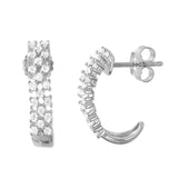 Sterling Silver Rhodium Plated Delicate Micro Pave Checkered Half Hoop Stud Earring with Friction Back Post