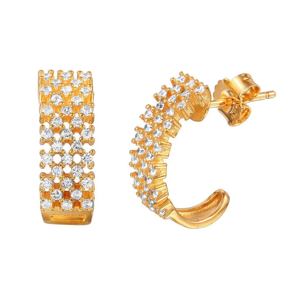 Sterling Silver Nickel Free Gold Plated Checkered CZ Semi Huggie Earrings