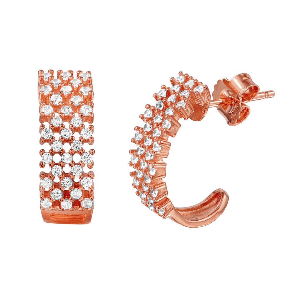 Sterling Silver Nickel Free Rose Gold Plated Checkered CZ Semi Huggie Earrings
