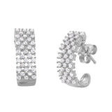 Sterling Silver Rhodium Plated Fancy  Micro Pave Checkered Half Hoop Stud Earring with Friction Back Post