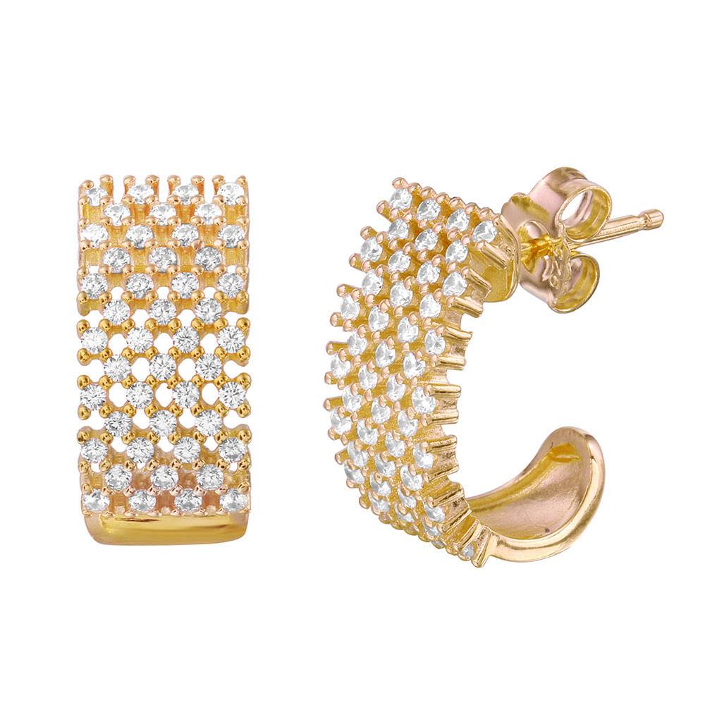 Sterling Silver Nickel Free Gold Plated Thick Checkered Semi Huggie Earrings With CZ Stones