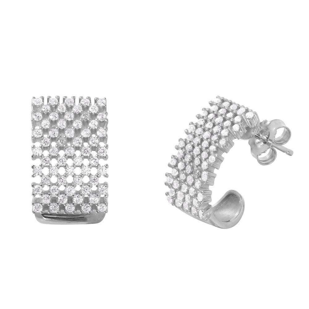 Sterling Silver Rhodium Plated Thick Micro Pave Checkered Half Hoop Stud Earring with Friction Back Post