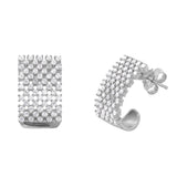 Sterling Silver Rhodium Plated Thick Micro Pave Checkered Half Hoop Stud Earring with Friction Back Post