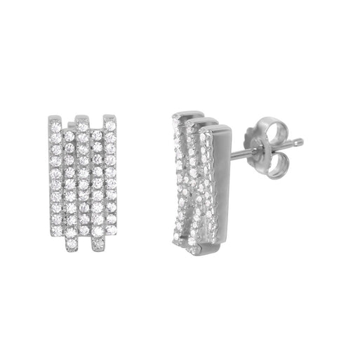 Sterling Silver Rhodium Plated Fancy Micro Pave Vertical Stacked Stud Earring with Friction Back Post