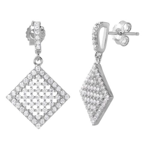 Sterling Silver Rhodium Plated Classy Micro Pave Diamond Shaped Stud Earring with Friction Back Post