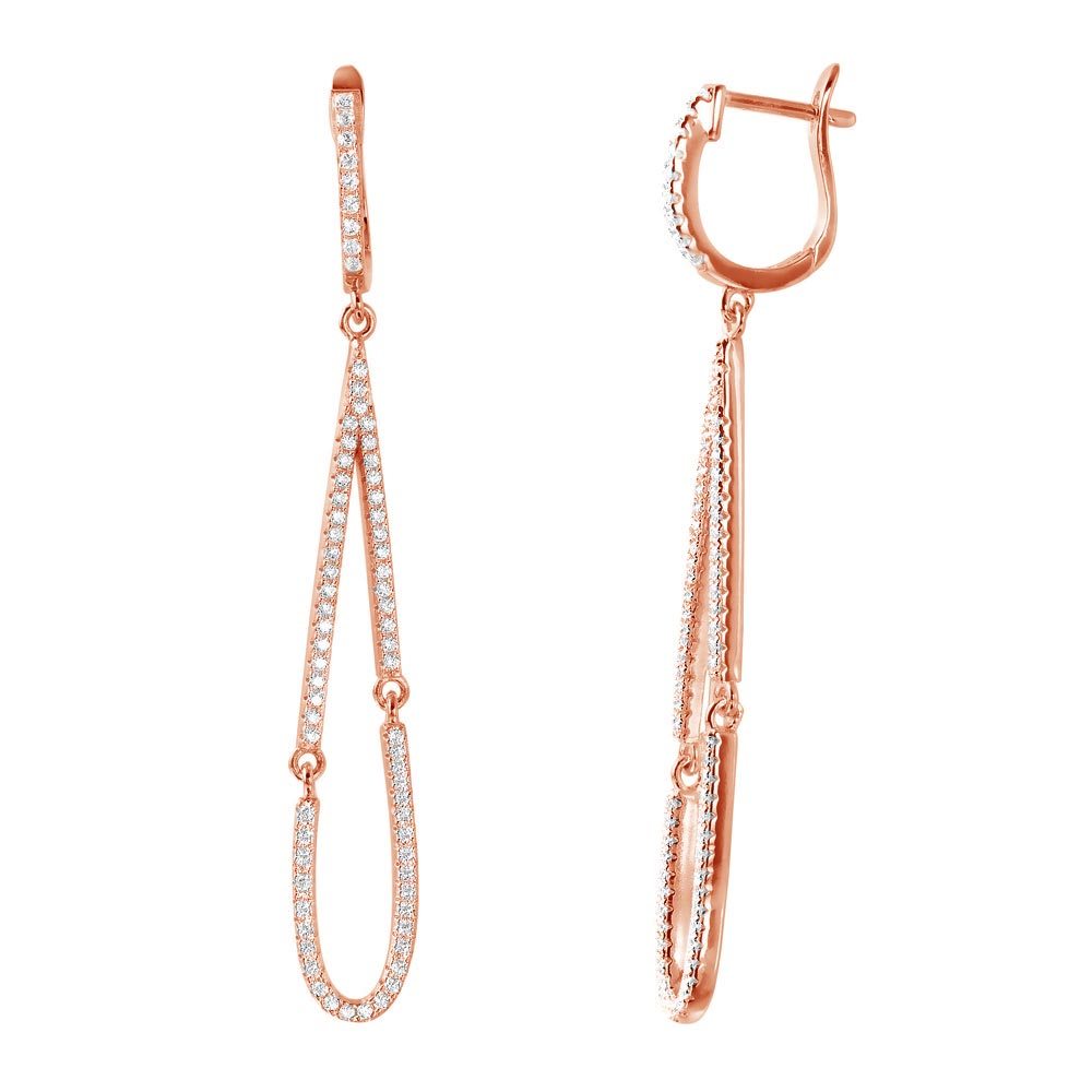 Sterling Silver Rose Gold Plated Dangling Open Tear Drop Shaped Huggie Earrings With CZ Stones