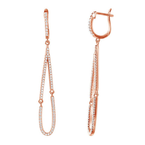 Sterling Silver Rose Gold Plated Dangling Open Tear Drop Shaped Huggie Earrings With CZ Stones