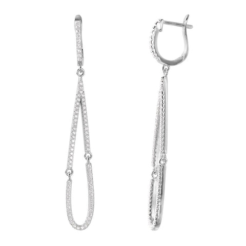 Sterling Silver Rhodium Plated Fancy Micro Pave Teardrop U-Hoop Earring