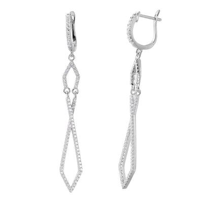 Sterling Silver Rhodium Plated Fancy Micro Pave Twisted Shaped U-Hoop Earring