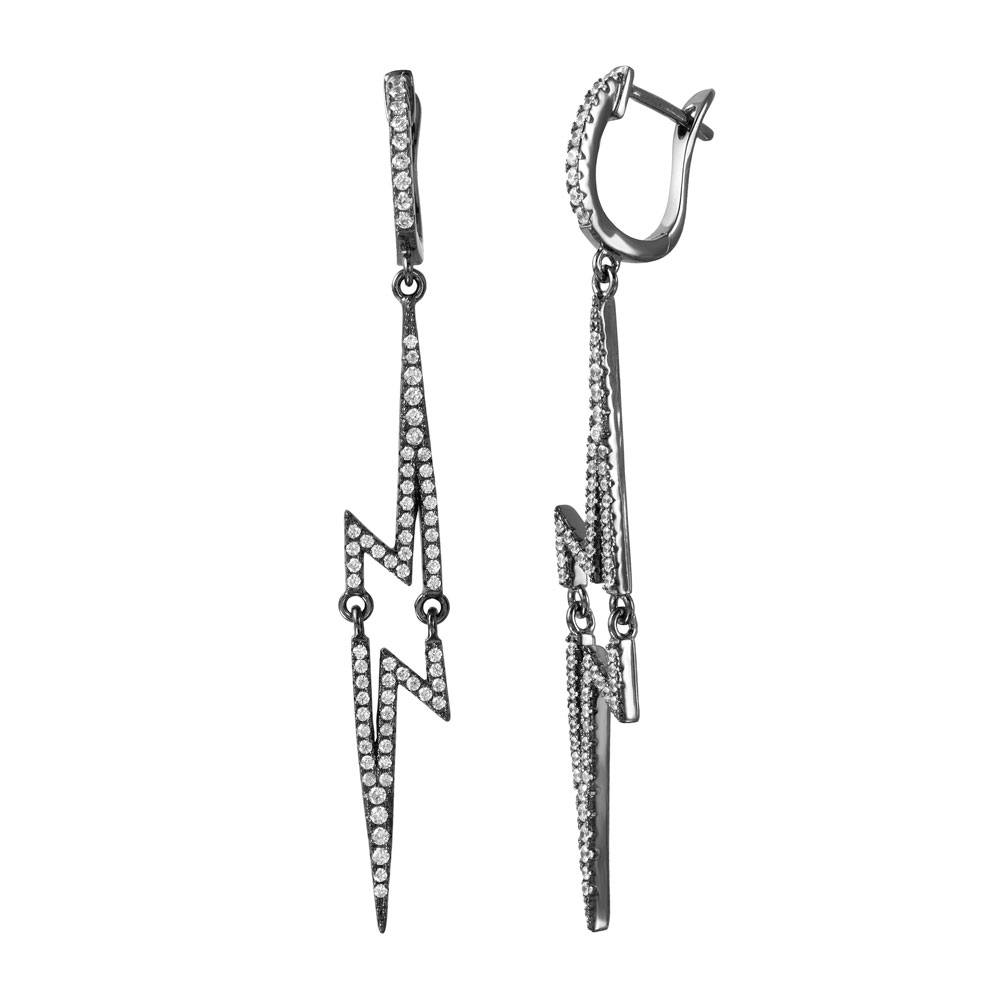 Sterling Silver Black Rhodium Plated Lightning Dangling CZ Paved Earrings with Earrings Dimensions of 61MMX7MM Clip Post