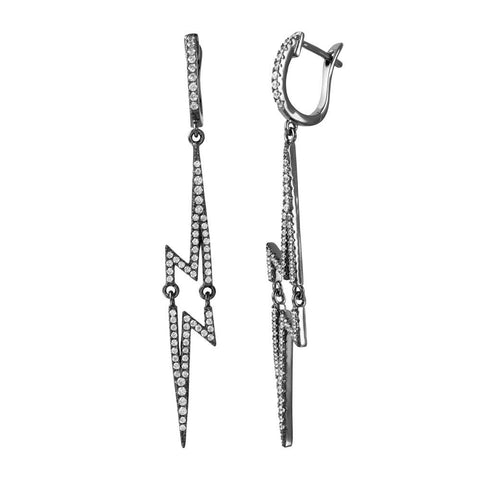 Sterling Silver Black Rhodium Plated Lightning Dangling CZ Paved Earrings with Earrings Dimensions of 61MMX7MM Clip Post