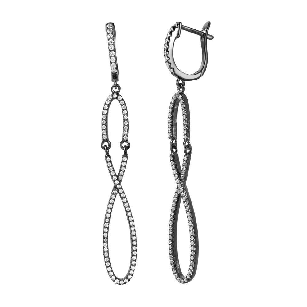 Sterling Silver Black Rhodium Plated Figure 8 Dangling CZ Paved Earrings with Earring Dimensions of 61MMx8MM and Clip Post