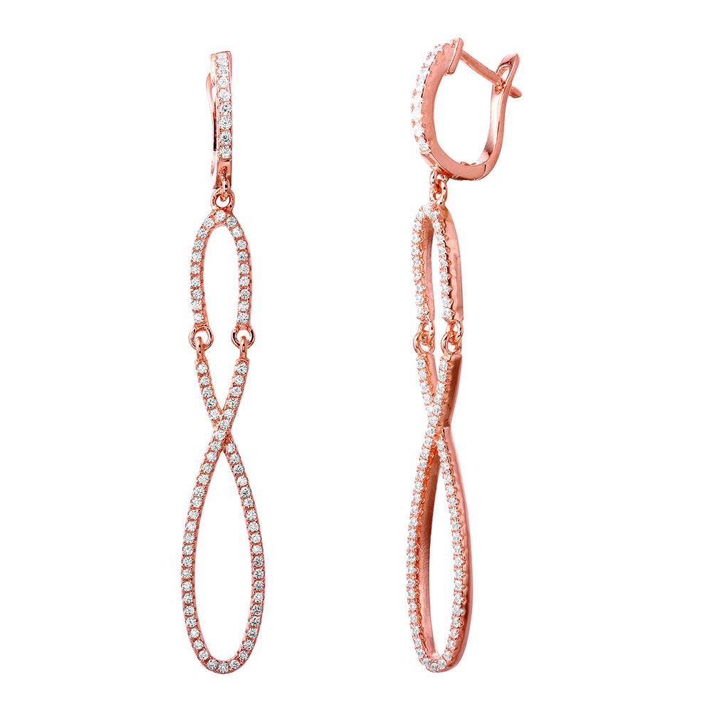Sterling Silver Nickle Free Rose Gold Plated Dangling Figure Eight Shaped Huggie Earrings With CZ Stones
