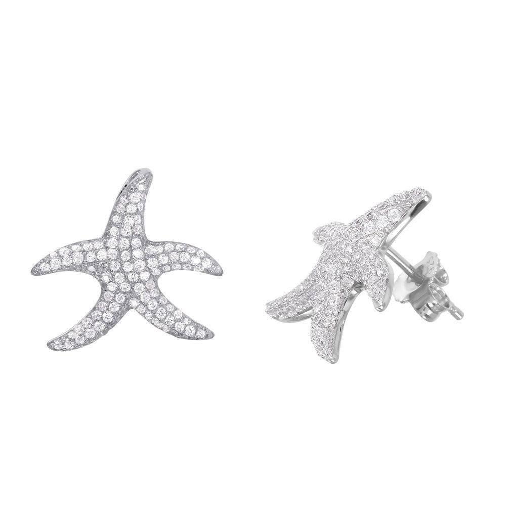 Sterling Silver Rhodium Plated Trendy Micro Pave Starfish Stud Earring with Friction Back Post