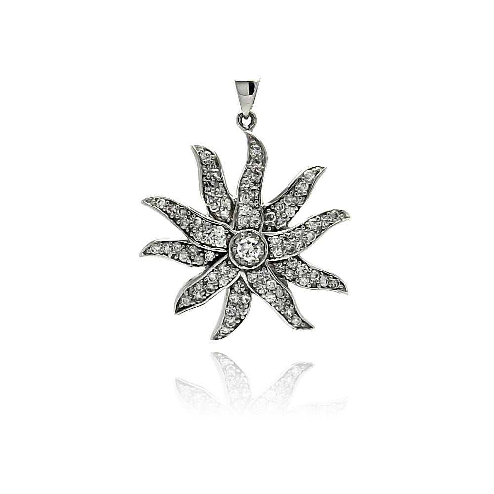 Sterling Silver Necklace with Fancy Sun Inlaid with Paved Clear Czs Pendant