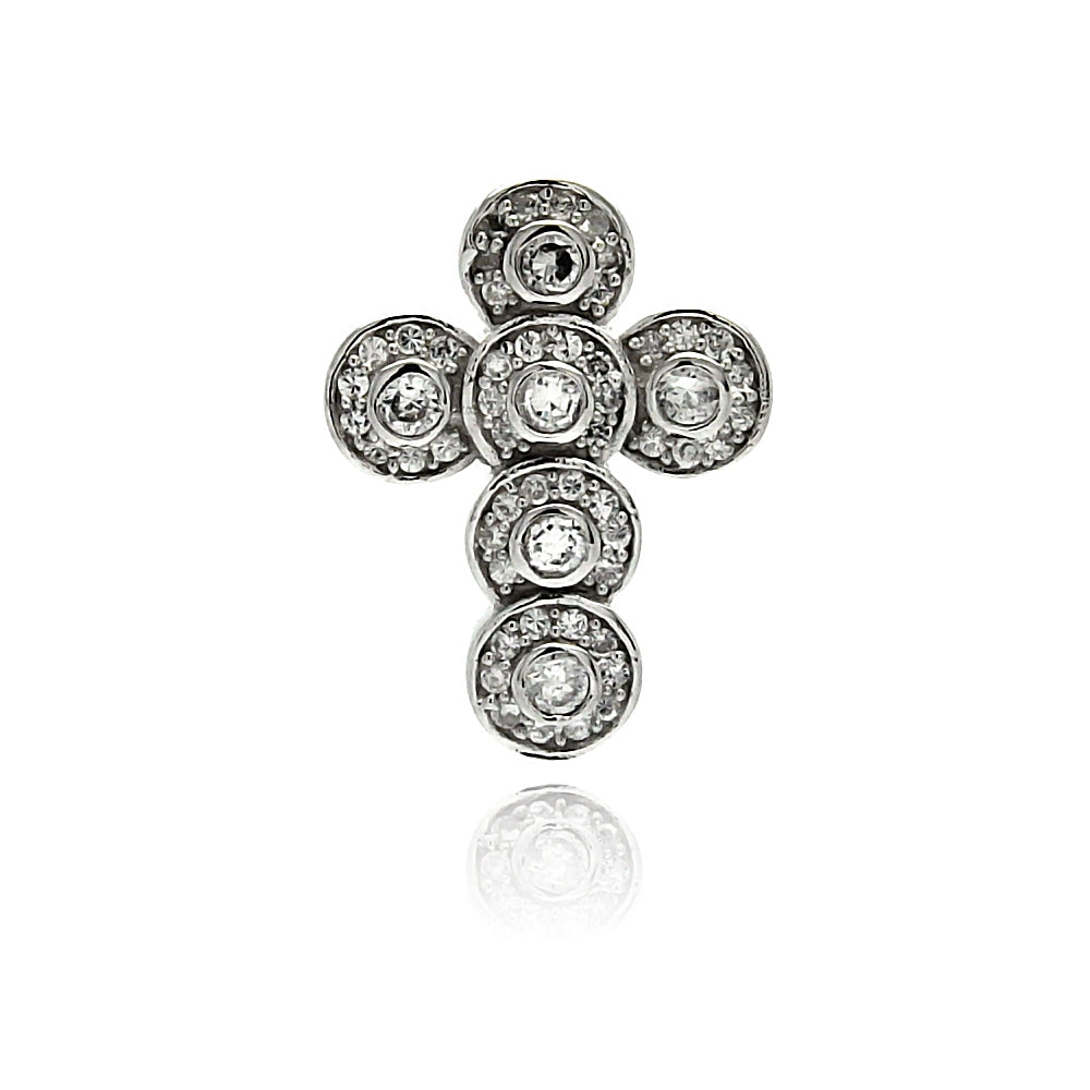 Sterling Silver Rhodium Plated Round Cross CZ Dangling Pendant