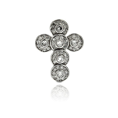 Sterling Silver Rhodium Plated Round Cross CZ Dangling Pendant