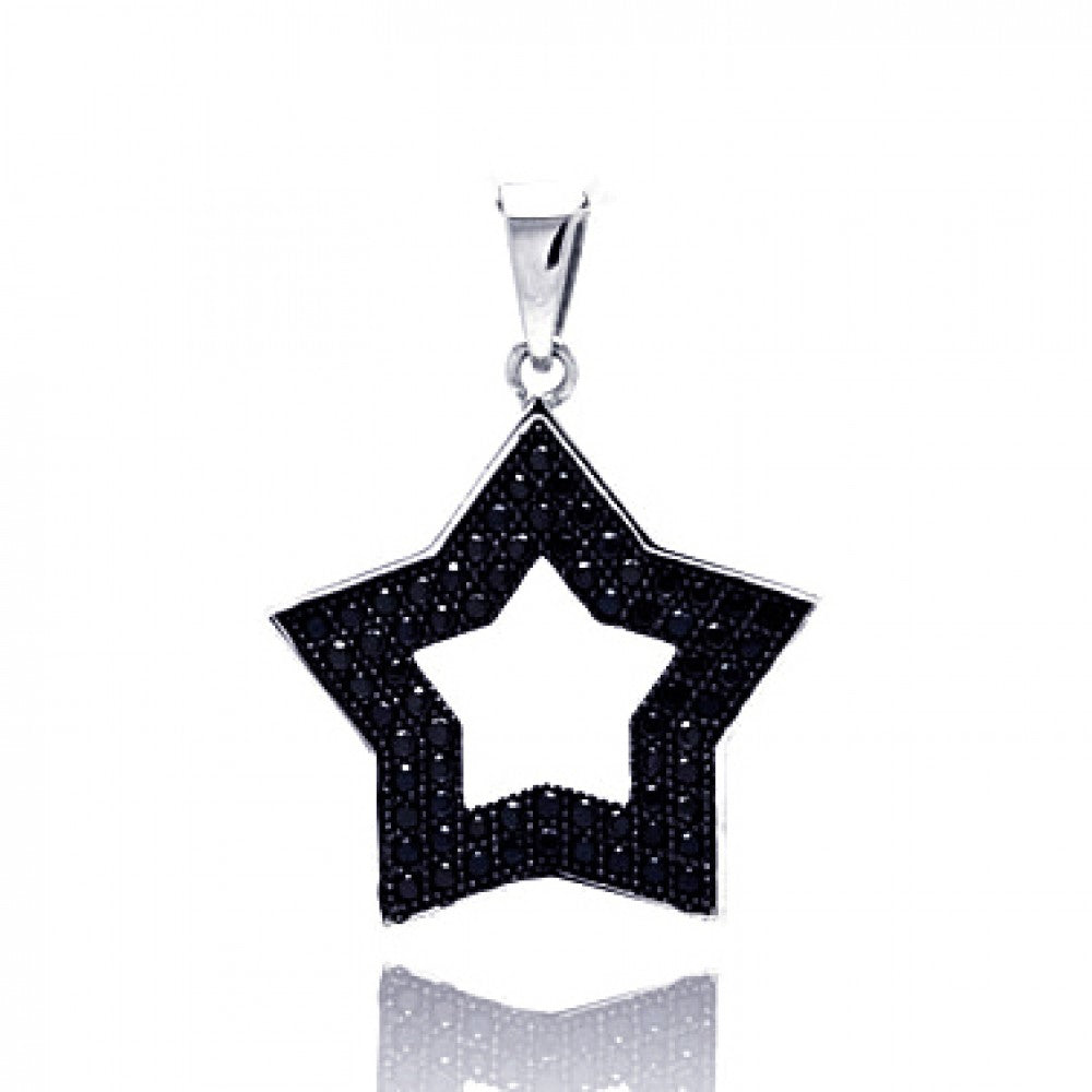 Sterling Silver Black Rhodium Plated Open Star Micro Pave CZ Pendant