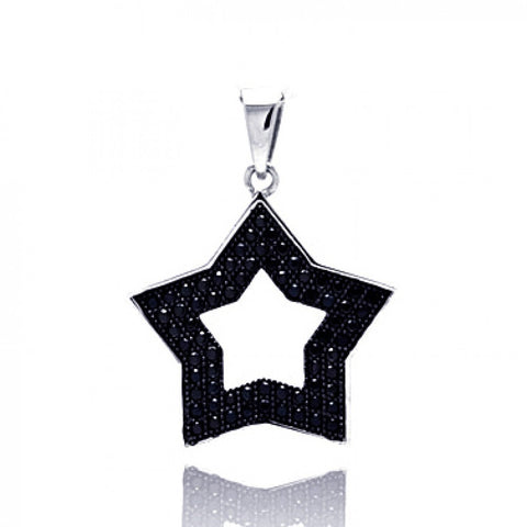 Sterling Silver Black Rhodium Plated Open Star Micro Pave CZ Pendant