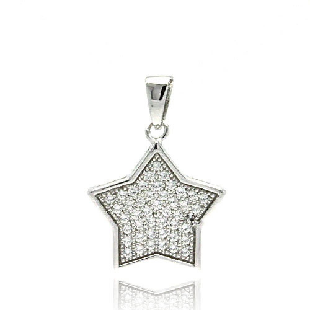 Sterling Silver Rhodium Plated Star CZ Inlay Dangling Pendant