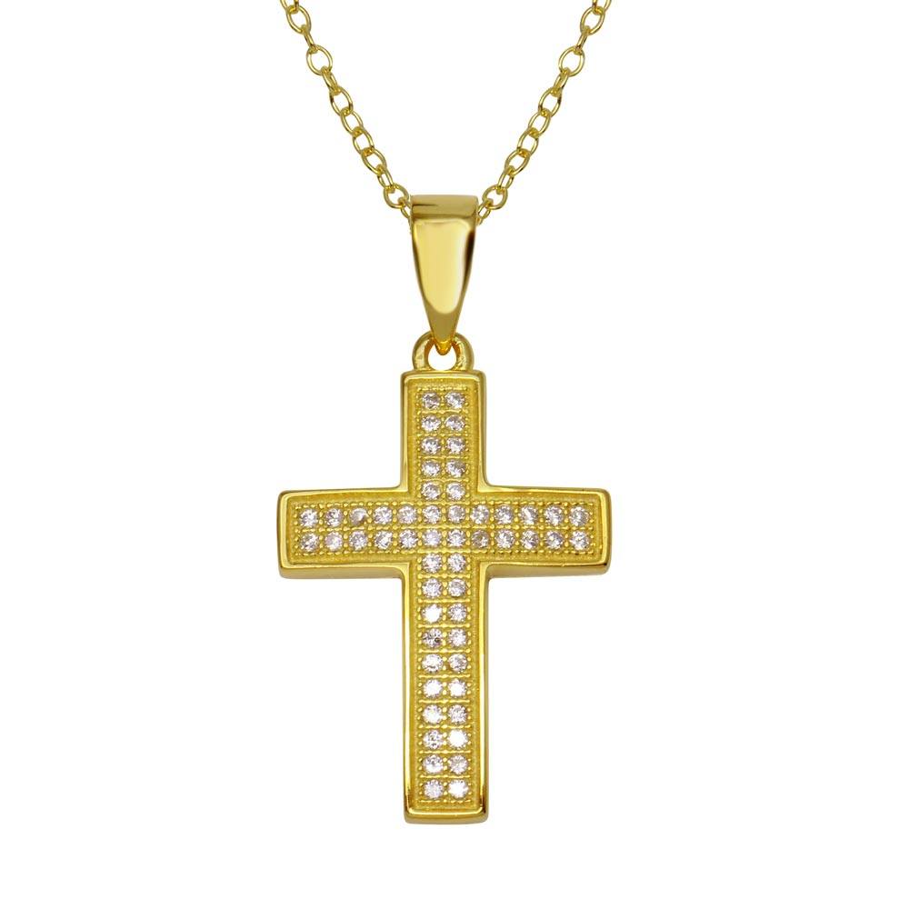 Sterling Silver Gold Plated Cross Inlay Micro Pave CZ Cross Pendant