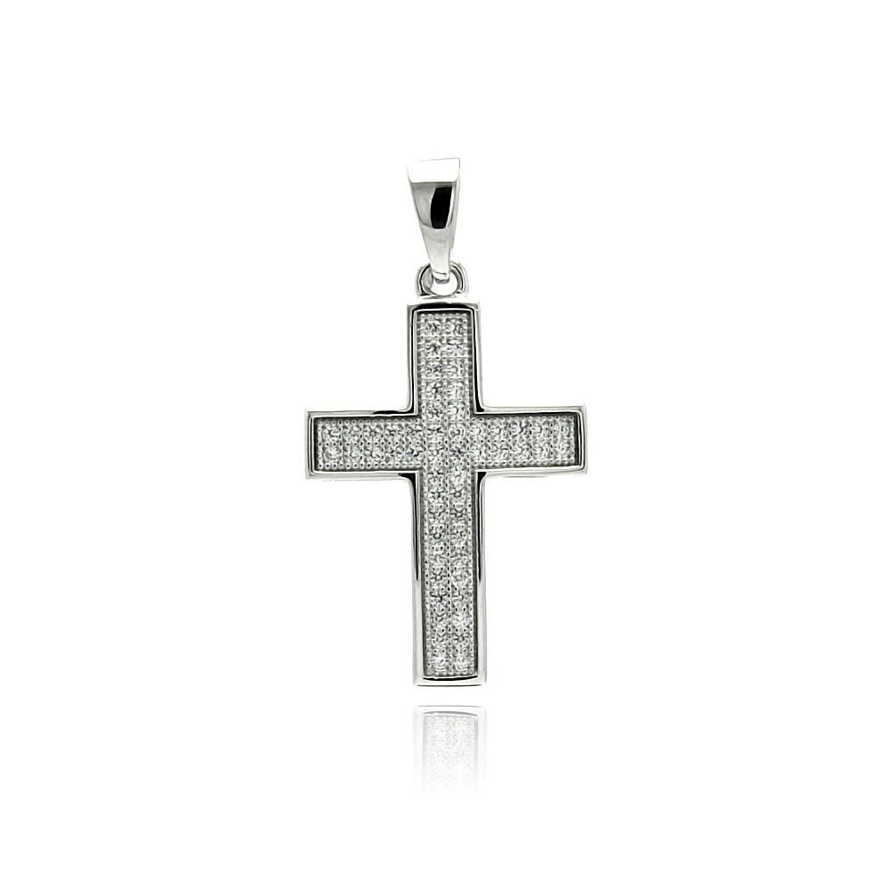 Sterling Silver Rhodium Plated Cross Inlay Micro Pave CZ Cross Pendant
