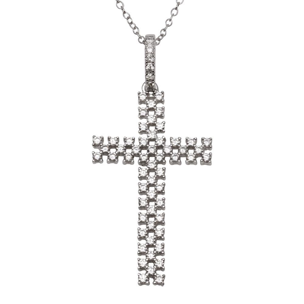 Sterling Silver Rhodium Plated Thin Open Checkered Cross CZ Pendant
