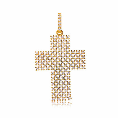 Sterling Silver Rose Gold Plated Thick Open Checkered Cross CZ Pendant
