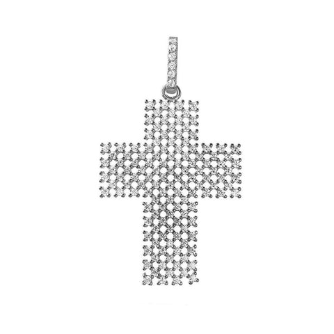 Sterling Silver Rhodium Plated Thick Open Checkered Cross CZ Pendant