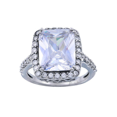 Sterling Silver Rhodium Plated Clear Cluster CZ Square Ring