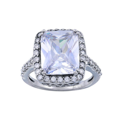 Sterling Silver Rhodium Plated Clear Cluster CZ Square Ring
