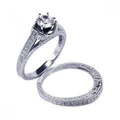 Sterling Silver Rhodium Plated Pave Clear Round CZ Engagement Ring Set