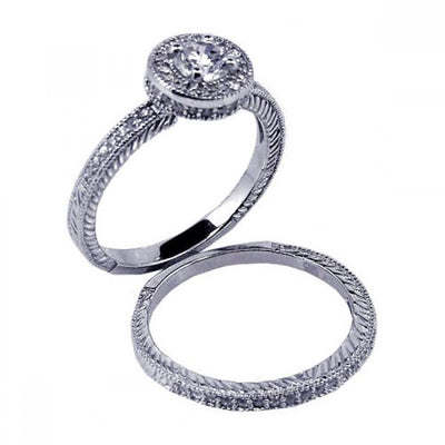 Sterling Silver Rhodium Plated Micro Pave CZ Engagement Ring Set