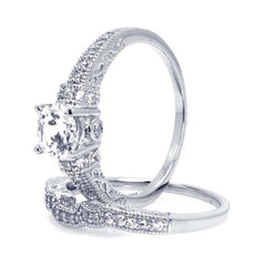 Sterling Silver Rhodium Plated Pave Round Center Clear CZ Engagement Ring Set