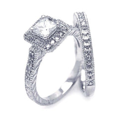 Sterling Silver Rhodium Plated Pave Clear Square Cluster CZ Engagement Ring Set