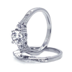 Sterling Silver Rhodium Plated CZ Bridal Engagement Ring Set